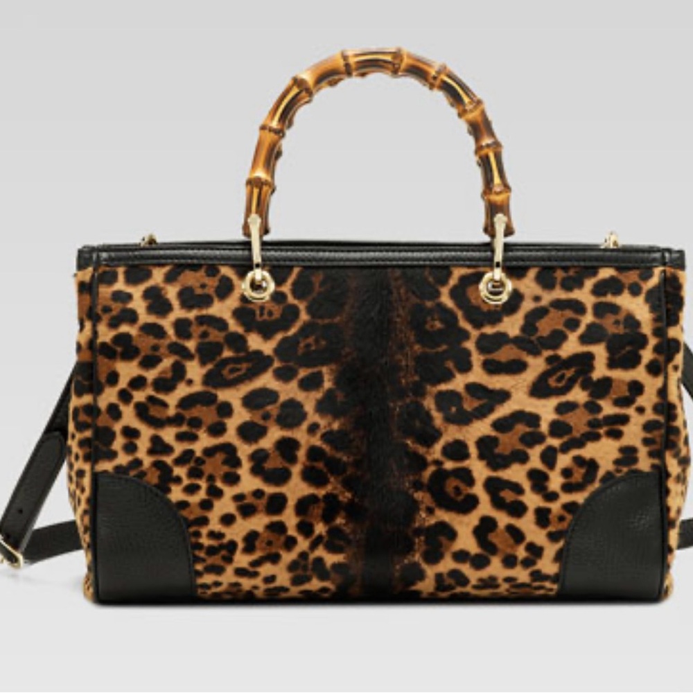Gucci Bamboo handle Pony hair Leopard Shopper Tote
